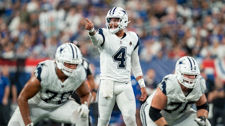 Sep 26, 2024; East Rutherford, NJ, US; Dallas Cowboys quarterback Dak Prescott (4) calls out the defense prior to the snap of the ball at MetLife Stadium. Mandatory Credit: Julian Guadalupe-NorthJersey.com Sep 26, 2024; East Rutherford, NJ, US; Dallas Cowboys quarterback Dak Prescott (4) calls out the defense prior to the snap of the ball at MetLife Stadium. Mandatory Credit: Julian Guadalupe-NorthJersey.com