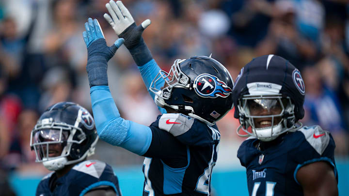 Tennessee Titans linebacker Arden Key (49) blows kisses after sacking New England Patriots quarterback Drake Maye (10) during their game at Nissan Stadium in Nashville, Tenn., Sunday, Nov. 3, 2024.