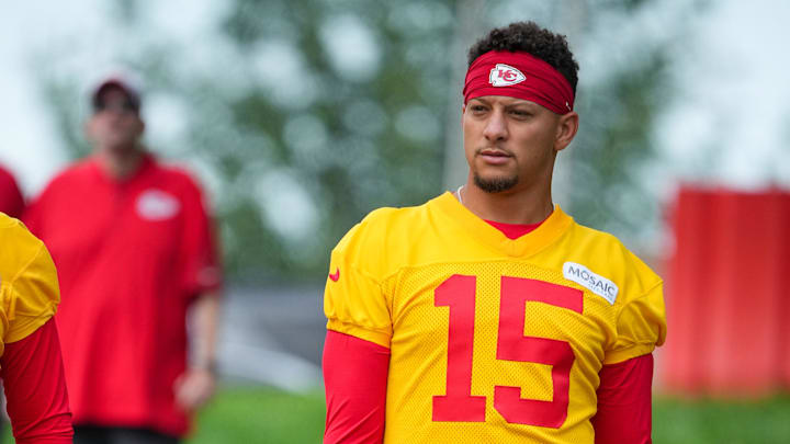 Jul 22, 2025; St. Joseph, MO, USA; Kansas City Chiefs quarterbacks Patrick Mahomes (15) walks down the hill to the fields prior to training camp at Missouri Western State University. Mandatory Credit: Denny Medley-Imagn Images