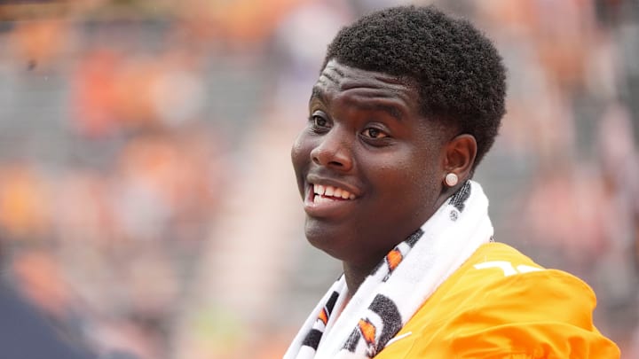 Tennessee offensive lineman David Sanders Jr. (70) watches from the sideline during the NCAA college football game against East Tennessee State University on September 6, 2025, in Knoxville, Tennessee.