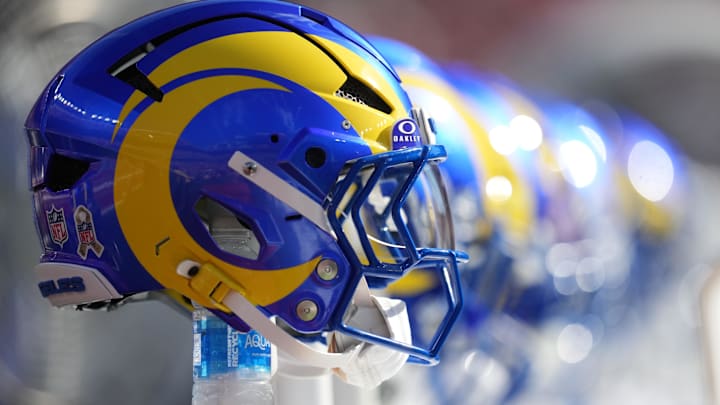 Nov 9, 2025; Santa Clara, California, USA; A Los Angeles Rams helmet is seen on the sideline prior to the game against the San Francisco 49ers at Levi's Stadium. Mandatory Credit: Cary Edmondson-Imagn Images