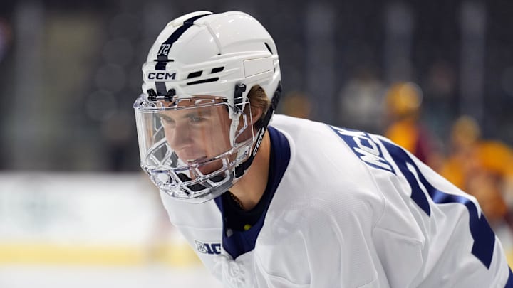 Penn State Nittany Lions forward Gavin McKenna (72) warms up before the game against the Arizona State Sun Devils at Mullett Arena. 
