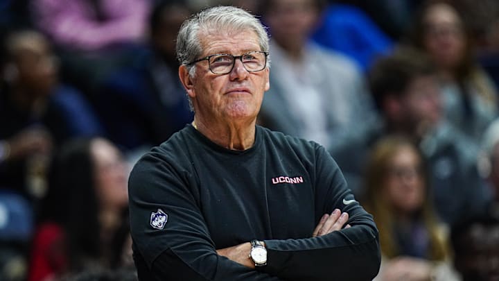 Feb 12, 2025; Storrs, Connecticut, USA; UConn Huskies head coach Geno Auriemma watches from the sideline as they take on the St. John's Red Storm at Harry A. Gampel Pavilion. Mandatory Credit: David Butler II-Imagn Images