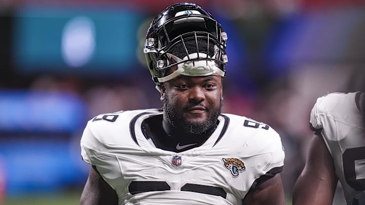 Aug 23, 2024; Atlanta, Georgia, USA; Jacksonville Jaguars defensive tackle Jordan Jefferson (98) shown on the field against the Atlanta Falcons at Mercedes-Benz Stadium. Mandatory Credit: Dale Zanine-Imagn Images Aug 23, 2024; Atlanta, Georgia, USA; Jacksonville Jaguars defensive tackle Jordan Jefferson (98) shown on the field against the Atlanta Falcons at Mercedes-Benz Stadium. Mandatory Credit: Dale Zanine-Imagn Images