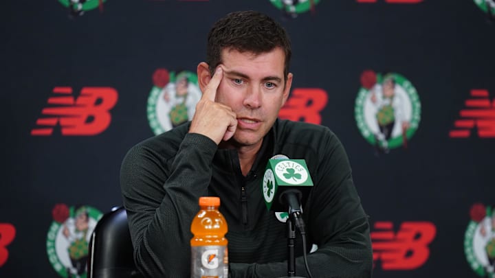 Sep 29, 2025; Boston, MA, USA: Boston Celtics president of basketball operations Brad Stevens talks to reporters during media day at the Auerbach Center. Mandatory Credit: David Butler II-Imagn Images Sep 29, 2025; Boston, MA, USA: Boston Celtics president of basketball operations Brad Stevens talks to reporters during media day at the Auerbach Center. Mandatory Credit: David Butler II-Imagn Images