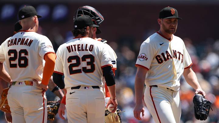 May 6, 2026; San Francisco, California, USA; San Francisco Giants pitcher Keaton Winn (right) walks off the mound after being pulled during the seventh inning against the San Diego Padres at Oracle Park. Mandatory Credit: Scott Marshall-Imagn Images May 6, 2026; San Francisco, California, USA; San Francisco Giants pitcher Keaton Winn (right) walks off the mound after being pulled during the seventh inning against the San Diego Padres at Oracle Park. Mandatory Credit: Scott Marshall-Imagn Images