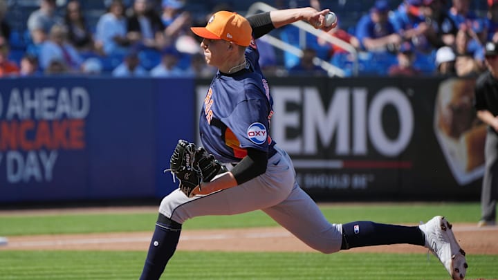 Feb 25, 2024; Port St. Lucie, Florida, USA;  Houston Astros pitcher AJ Blubaugh (69) pitches against the New York Mets in the second inning at Clover Park. Mandatory Credit: Jim Rassol-Imagn Images