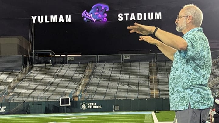 Director of Bands, Barry Spanier conducts the Tulane University Marching Band during practice preparing for the next Green Wave home game. Director of Bands, Barry Spanier conducts the Tulane University Marching Band during practice preparing for the next Green Wave home game.