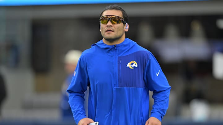 Jan 4, 2026; Inglewood, California, USA;  Los Angeles Rams wide receiver Puka Nacua (12) warms up prior to a game against the Arizona Cardinals at SoFi Stadium. 