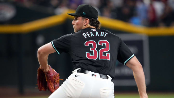 Jun 30, 2024; Phoenix, Arizona, USA; Arizona Diamondbacks pitcher Brandon Pfaadt (32) pitches against the Oakland Athletics during the first inning at Chase Field. Mandatory Credit: Joe Camporeale-USA TODAY Sports