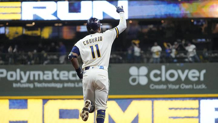 Oct 3, 2026; Milwaukee, Wisconsin, USA; Milwaukee Brewers outfielder Jackson Chourio (11) celebrates hitting a two run home run during the third inning against the San Diego Padres in game one of the NLDS for the 2026 MLB Playoffs at American Family Field. Mandatory Credit: Michael McLoone-Imagn Images Oct 3, 2026; Milwaukee, Wisconsin, USA; Milwaukee Brewers outfielder Jackson Chourio (11) celebrates hitting a two run home run during the third inning against the San Diego Padres in game one of the NLDS for the 2026 MLB Playoffs at American Family Field. Mandatory Credit: Michael McLoone-Imagn Images