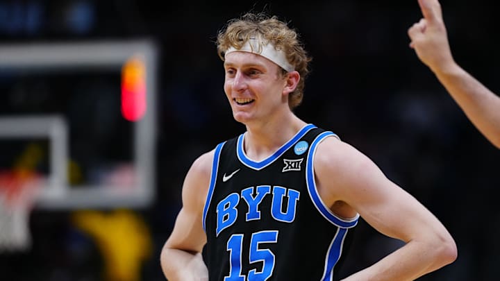 Mar 22, 2025; Denver, CO, USA; Brigham Young Cougars forward Richie Saunders (15) reacts during the first half in the second round of the NCAA Tournament  at Ball Arena. Mandatory Credit: Ron Chenoy-Imagn Images