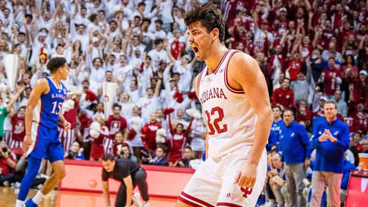 Indiana's Trey Galloway (32) celebrates hitting a big three pointer during the second half of the Indiana versus Kansas men's basketball game at Simon Skjodt Assembly Hall on Saturday, Dec. 16, 2023.
