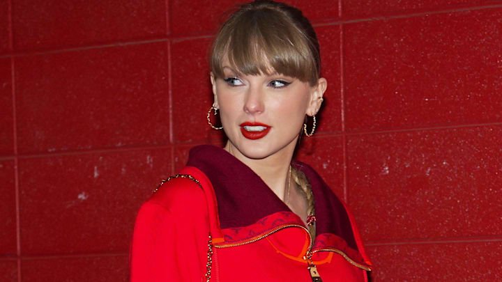 Recording artist Taylor Swift arrive prior to a game between the Kansas City Chiefs and the Las Vegas Raiders at GEHA Field at Arrowhead Stadium.