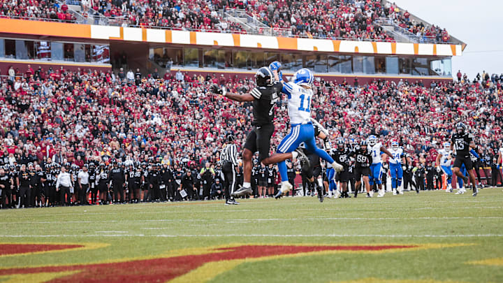BYU wide receiver Parker Kingston scores a touchdown against Iowa State