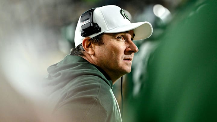 Michigan State's head coach Jonathan Smith looks on during the fourth quarter in the game against Iowa on Saturday, Oct. 19, 2024, at Spartan Stadium in East Lansing. Michigan State's head coach Jonathan Smith looks on during the fourth quarter in the game against Iowa on Saturday, Oct. 19, 2024, at Spartan Stadium in East Lansing.