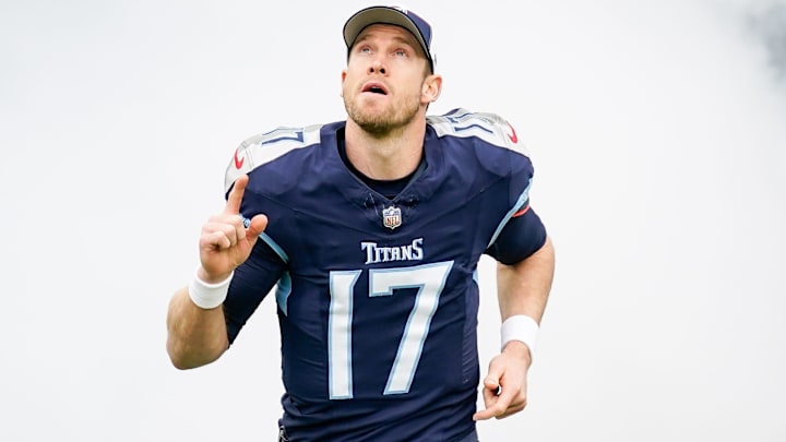 Tennessee Titans quarterback Ryan Tannehill (17) is introduced before a game against the Jacksonville Jaguars at Nissan Stadium in Nashville, Tenn., Sunday, Jan. 7, 2024.