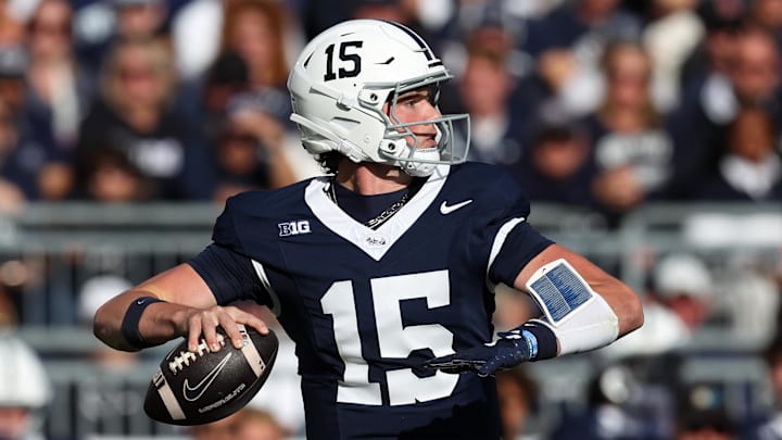 Oct 11, 2025; University Park, Pennsylvania, USA; Penn State Nittany Lions quarterback Drew Allar (15) throws a pass in the first quarter against the Northwestern Wildcats at Beaver Stadium. Mandatory Credit: Matthew O'Haren-Imagn Images