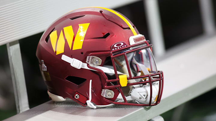Washington Commanders helmet on the bench against the Atlanta Falcons.