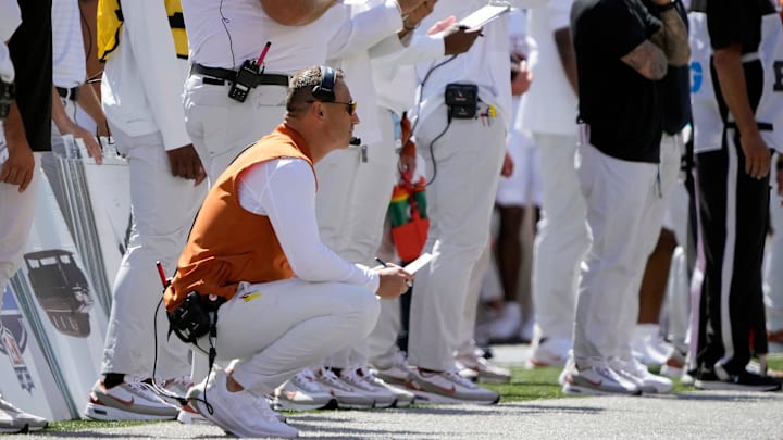 Texas Longhorns head coach Steve Sarkisian watches his team against Ohio State Buckeyes during the first quarter.