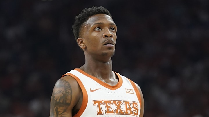 Feb 18, 2023; Austin, Texas, USA; Texas Longhorns guard Sir'Jabari Rice (10) pauses before shooting a free throw during the first half against the Oklahoma Sooners at Moody Center. Mandatory Credit: Scott Wachter-Imagn Images