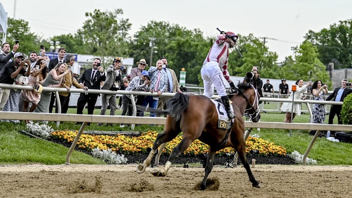 Journalism (2) with Umberto Rispoli up reacts after winning the running of the 150th Preakness stakes. Journalism (2) with Umberto Rispoli up reacts after winning the running of the 150th Preakness stakes.