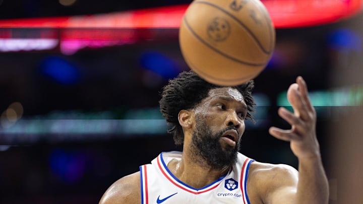 Feb 22, 2025; Philadelphia, Pennsylvania, USA; Philadelphia 76ers center Joel Embiid (21) in action against the Brooklyn Nets at Wells Fargo Center. Mandatory Credit: Bill Streicher-Imagn Images