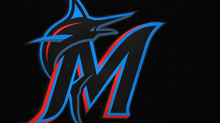 A general view of the Miami Marlins illuminated logo at loanDepot park.