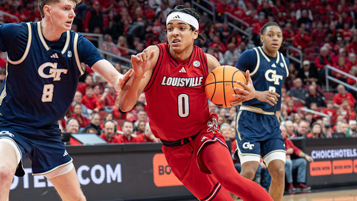Louisville Cardinals guard Mikel Brown Jr. (0) drives the basket as the Louisville Cardinals host the Georgia Tech Yellow Jackets in an NCAA basketball game at the KFC Yum! Center, Saturday, Feb. 21, 2026, in Louisville. Louisville Cardinals guard Mikel Brown Jr. (0) drives the basket as the Louisville Cardinals host the Georgia Tech Yellow Jackets in an NCAA basketball game at the KFC Yum! Center, Saturday, Feb. 21, 2026, in Louisville.