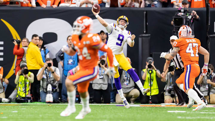LSU quarterback Joe Burrow (9) throws a pass against the Clemson Tigers in the 2020 College Football Playoff National Championship