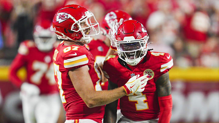 Sep 5, 2024; Kansas City, Missouri, USA; Kansas City Chiefs wide receiver Rashee Rice (4) celebrates with tight end Travis Kelce (87) after a play during the second half against the Baltimore Ravens at GEHA Field at Arrowhead Stadium. Mandatory Credit: Jay Biggerstaff-Imagn Images Sep 5, 2024; Kansas City, Missouri, USA; Kansas City Chiefs wide receiver Rashee Rice (4) celebrates with tight end Travis Kelce (87) after a play during the second half against the Baltimore Ravens at GEHA Field at Arrowhead Stadium. Mandatory Credit: Jay Biggerstaff-Imagn Images