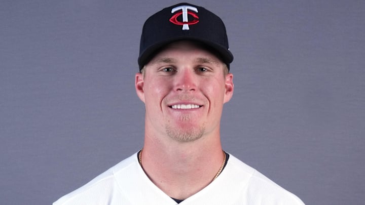 Feb 19, 2026; Lee County, FL, USA; Minnesota Twins center fielder Walker Jenkins (75) poses during photo day at Hammond Stadium.