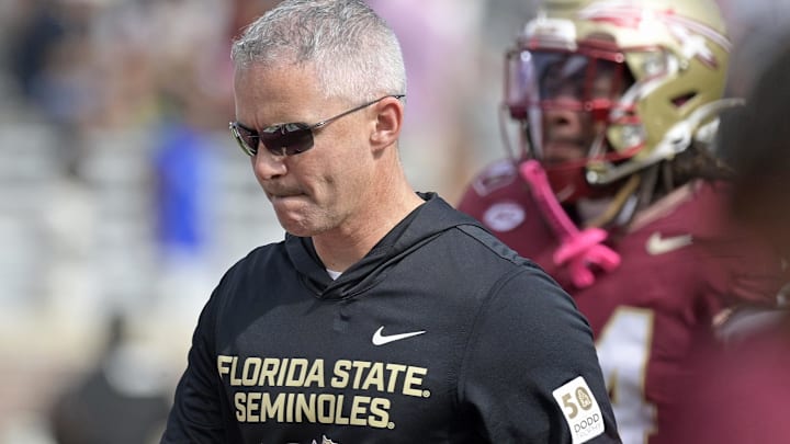 Oct 11, 2025; Tallahassee, Florida, USA; Florida State Seminoles head coach Mike Norvell after losing the game to the Pittsburgh Panthers at Doak S. Campbell Stadium. Mandatory Credit: Melina Myers-Imagn Images