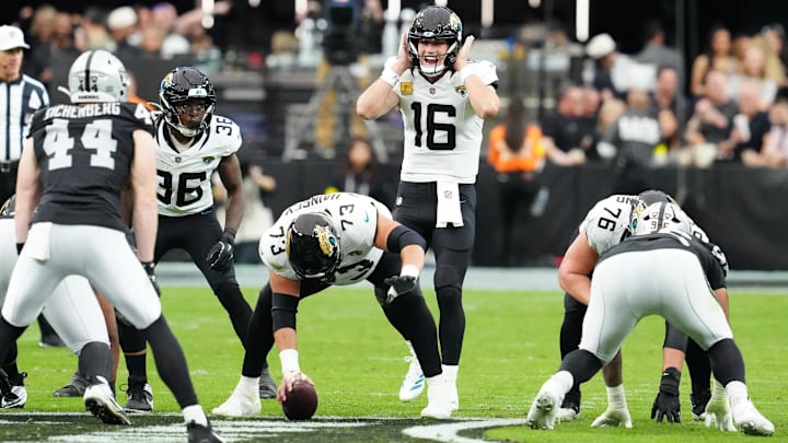 Nov 2, 2025; Paradise, Nevada, USA; Jacksonville Jaguars quarterback Trevor Lawrence (16) makes a call during the second half against the Las Vegas Raiders at Allegiant Stadium. Mandatory Credit: Stephen R. Sylvanie-Imagn Images