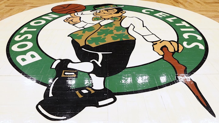 May 15, 2022; Boston, Massachusetts, USA: The Boston Celtics logo is seen at center court before game seven of the second round of the 2022 NBA playoffs between the Boston Celtics and the Milwaukee Bucks at TD Garden. Mandatory Credit: Winslow Townson-Imagn Images