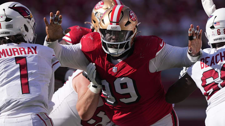 Oct 6, 2024; Santa Clara, California, USA; San Francisco 49ers defensive tackle Maliek Collins (99) pressures Arizona Cardinals quarterback Kyler Murray (1) during the fourth quarter at Levi's Stadium. Mandatory Credit: Darren Yamashita-Imagn Images Oct 6, 2024; Santa Clara, California, USA; San Francisco 49ers defensive tackle Maliek Collins (99) pressures Arizona Cardinals quarterback Kyler Murray (1) during the fourth quarter at Levi's Stadium. Mandatory Credit: Darren Yamashita-Imagn Images
