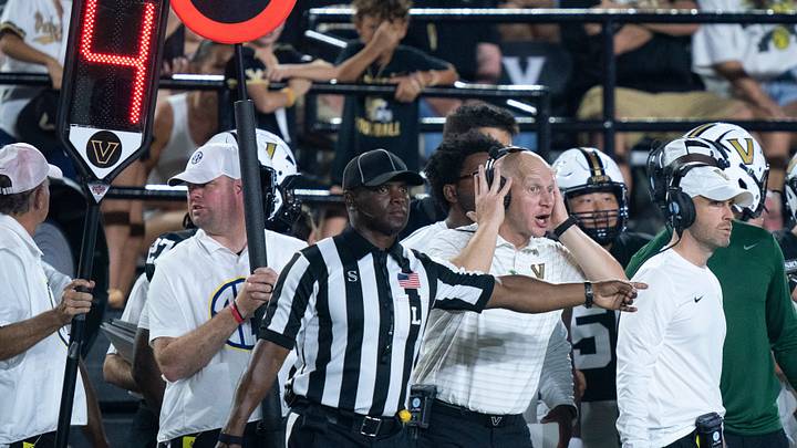 Vanderbilt coach Clark Lea works the sideline against Austin Peay during their game at FirstBank Stadium at Vanderbilt University Saturday, Sept. 5, 2026.