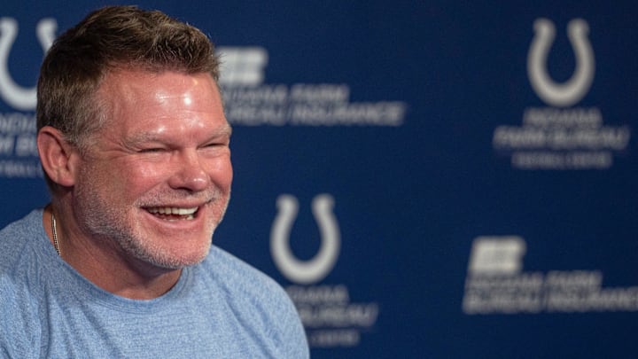 Indianapolis Colts General Manager Chris Ballard speaks to the press in a pre-draft press conference Monday, April 21, 2025 at the Colts headquarters, the Indiana Farm Bureau Football Center.