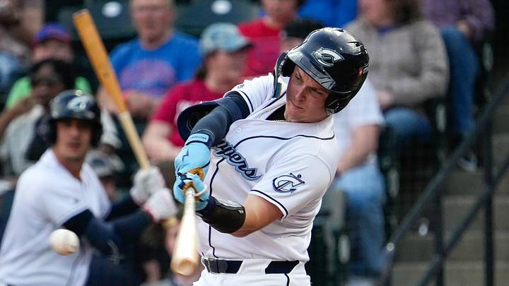 Columbus Clippers Cooper Ingle (2) hits the ball during the home opener against the Indianapolis Indians at Huntington Park on Tuesday, March 31, 2026 in Columbus, Ohio.