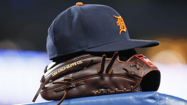 Mar 30, 2019; Toronto, Ontario, CAN; The hat and glove of a Detroit Tigers player before a game against the Toronto Blue Jays at Rogers Centre.