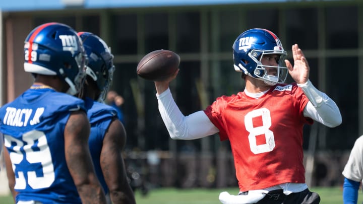 Daniel Jones, quarterback, throws the ball during practice. The NY Giants NFL team held an organized team activity at their training facility in East Rutherford, NJ on Thursday May 30, 2024.
