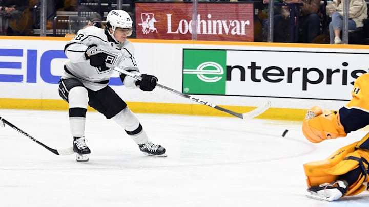 Jan 31, 2024; Nashville, Tennessee, USA; Los Angeles Kings left winger Alex Turcotte (38) scores