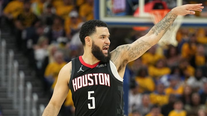 Apr 26, 2025; San Francisco, California, USA; Houston Rockets guard Fred VanVleet (5) dribbles against the Golden State Warriors during the fourth quarter of game three of first round for the 2024 NBA Playoffs at Chase Center. Mandatory Credit: Darren Yamashita-Imagn Images