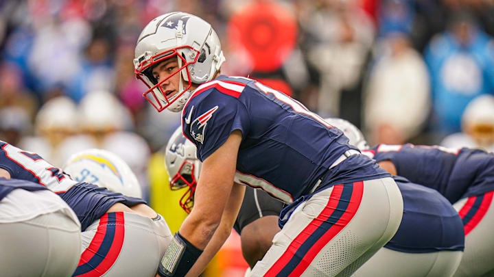 Dec 28, 2024; Foxborough, Massachusetts, USA; New England Patriots quarterback Drake Maye (10) on the field against the Los Angeles Chargers in the first quarter at Gillette Stadium. Mandatory Credit: David Butler II-Imagn Images