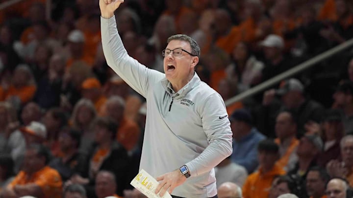 Vanderbilt head coach Mark Byington yells to the court during a men’s college basketball game between Tennessee and Vanderbilt at Thompson-Boling Arena at Food City Center, Saturday, Feb. 15, 2025.