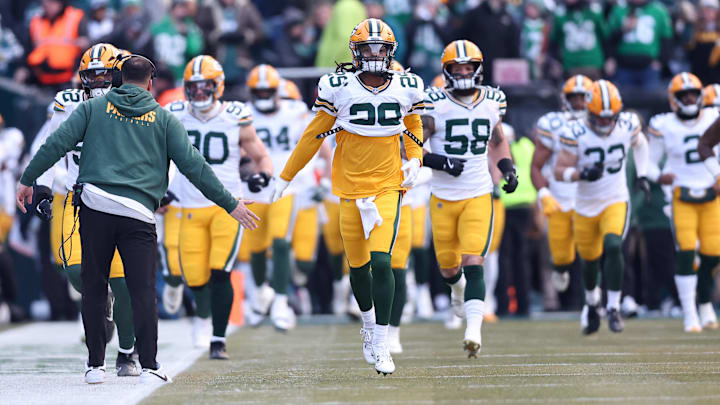 Jan 12, 2025; Philadelphia, Pennsylvania, USA; Green Bay Packers safety Xavier McKinney (29) before action against the Philadelphia Eagles in an NFC wild card game at Lincoln Financial Field. Mandatory Credit: Bill Streicher-Imagn Images