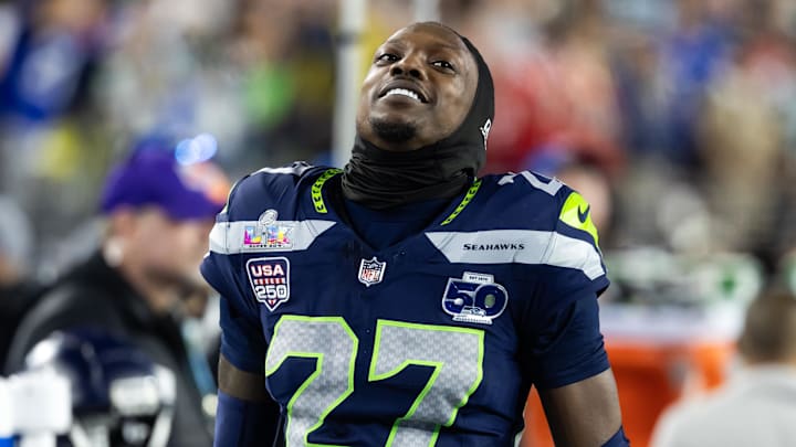 Feb 8, 2026; Santa Clara, CA, USA; Seattle Seahawks cornerback Riq Woolen (27) against the New England Patriots during Super Bowl LX at Levi's Stadium. Mandatory Credit: Mark J. Rebilas-Imagn Images