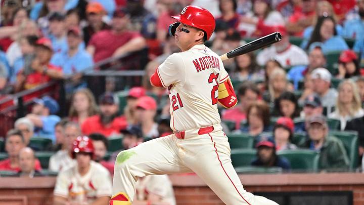Sep 6, 2025; St. Louis, Missouri, USA; St. Louis Cardinals outfielder Lars Nootbaar (21) at bat against the San Francisco Giants at Busch Stadium. Mandatory Credit: Tim Vizer-Imagn Images