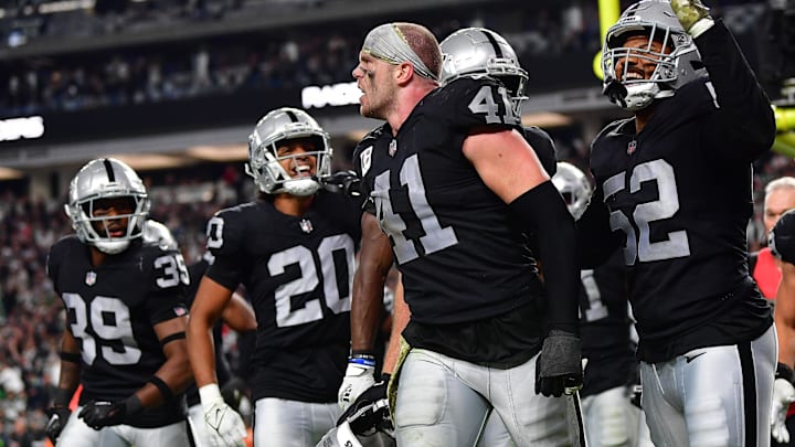 Las Vegas Raiders linebacker Robert Spillane reacts after intercepting a pass against New York Jets. Las Vegas Raiders linebacker Robert Spillane reacts after intercepting a pass against New York Jets.