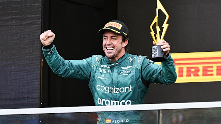 Jun 18, 2023; Montreal, Quebec, CAN; Aston Martin driver Fernando Alonso (ESP) sows pride after Jun 18, 2023; Montreal, Quebec, CAN; Aston Martin driver Fernando Alonso (ESP) sows pride after